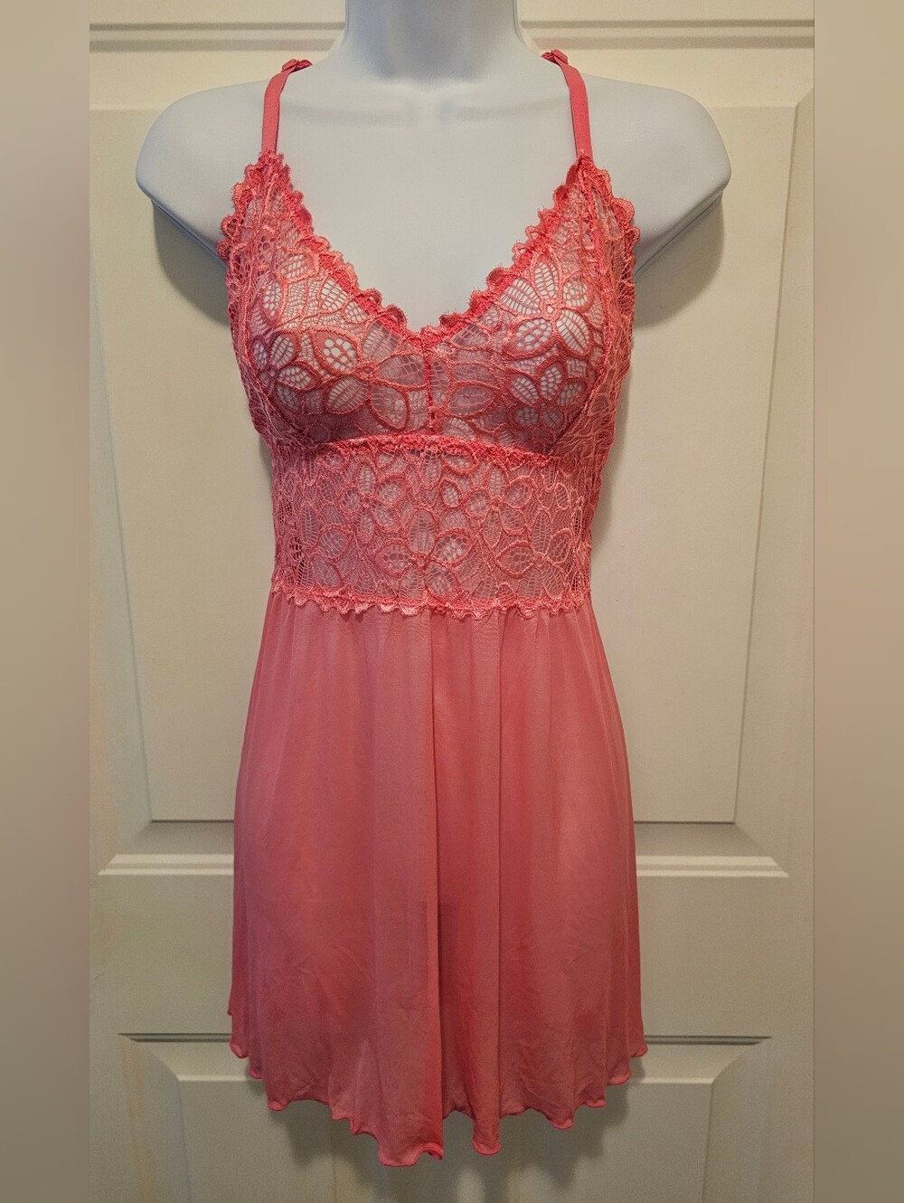 Venus Coral Pink Lace Mesh Babydoll Chemise Nightgown XL NWOT